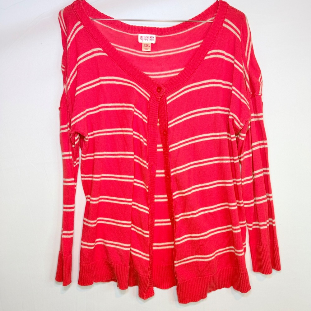 Mossimo Supply Co Womens XXL Pink White Striped V-Neck Button Cardigan Sweater